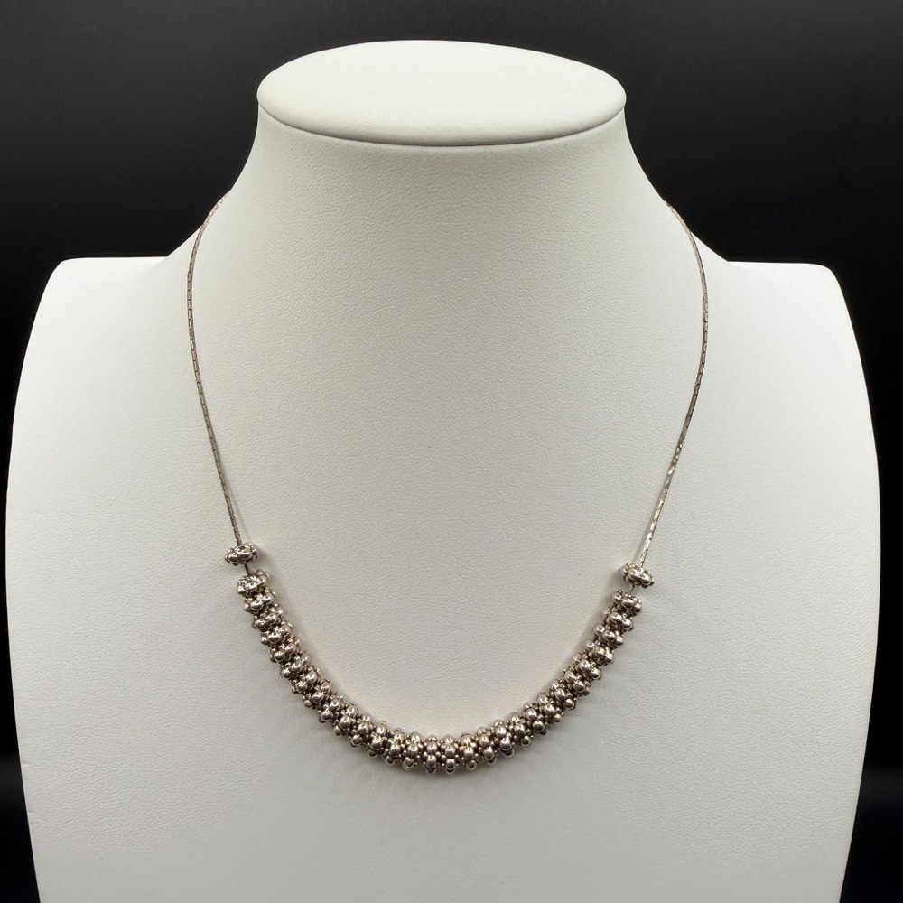Silver Tone Cluster Bead Necklace Textured Statement Vintage Boho Festival Gift